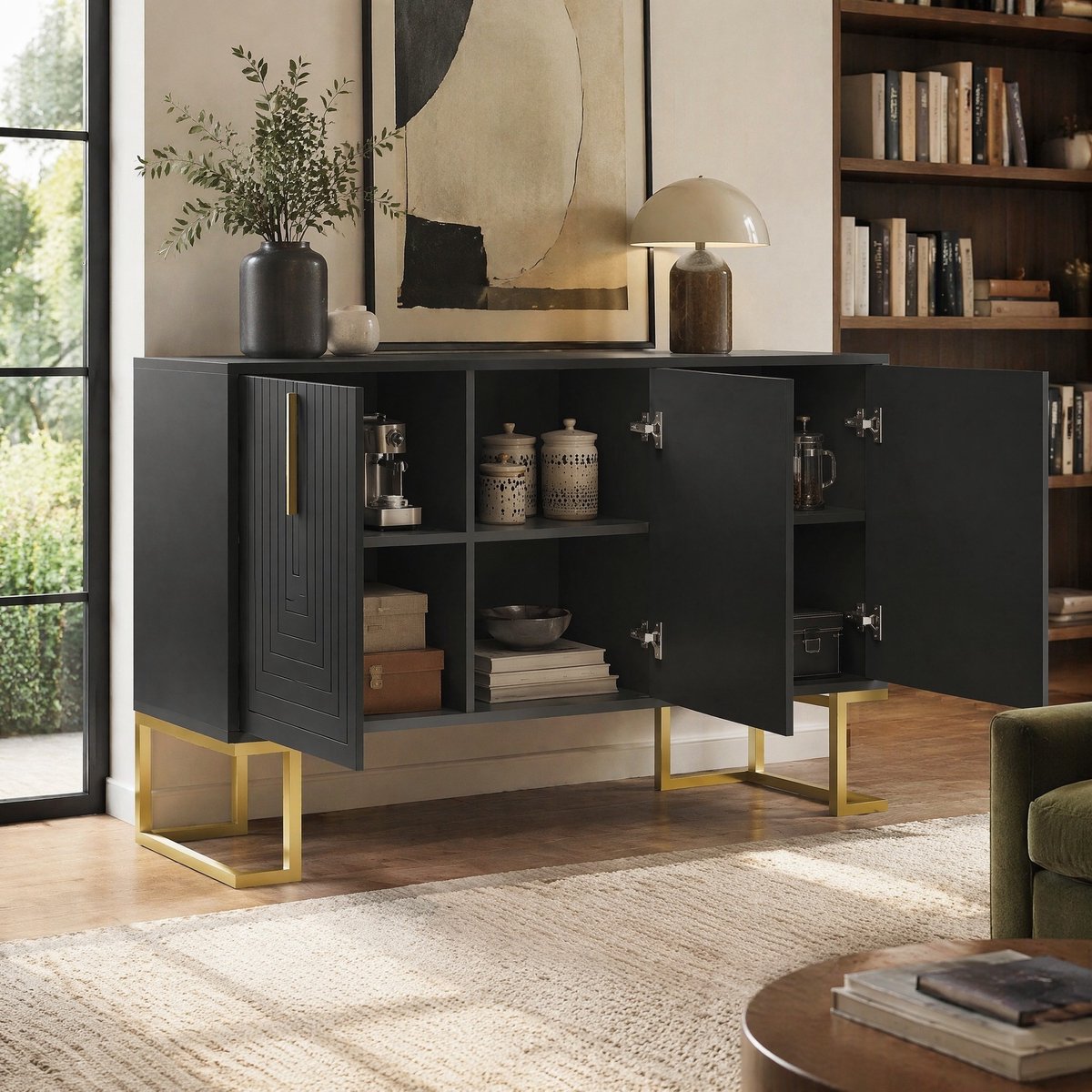 Wishdor - Dressoir - 3-deurs opbergkast met verstelbare planken en metalen grepen - modern design - voor eetkamer en keuken - houtlook zwart - 138 x 40 x 80,5 cm