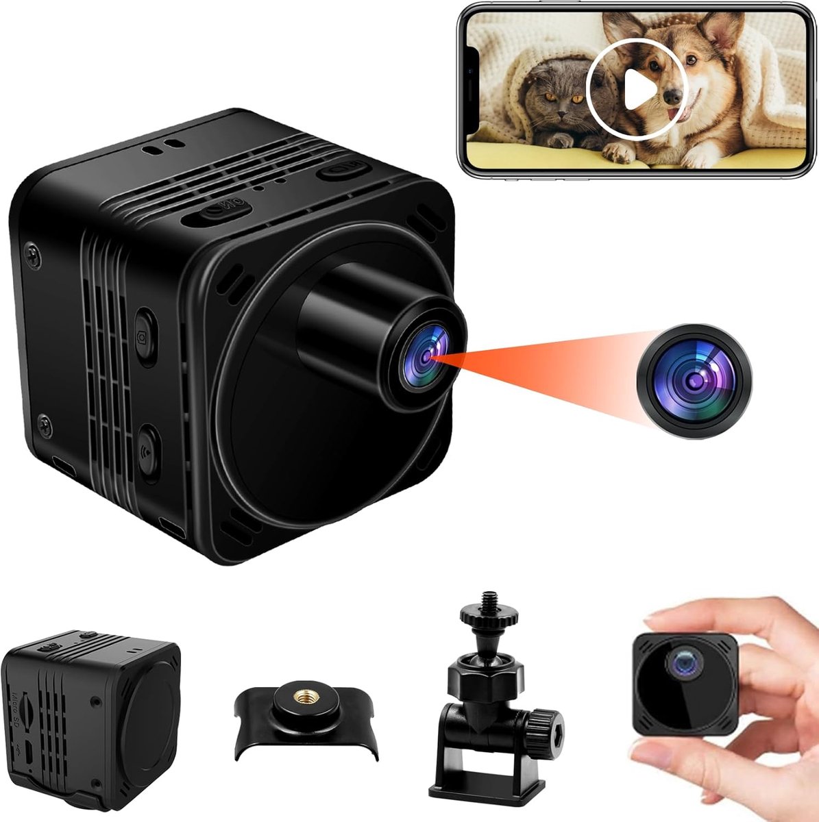 SnelShoppen - Mini Camera WiFi 4K UHD met Nachtzicht en Bewegingsdetectie - Draagbare Beveiligingscamera voor Binnen en Buiten, 160° Hoek, Lange Batte