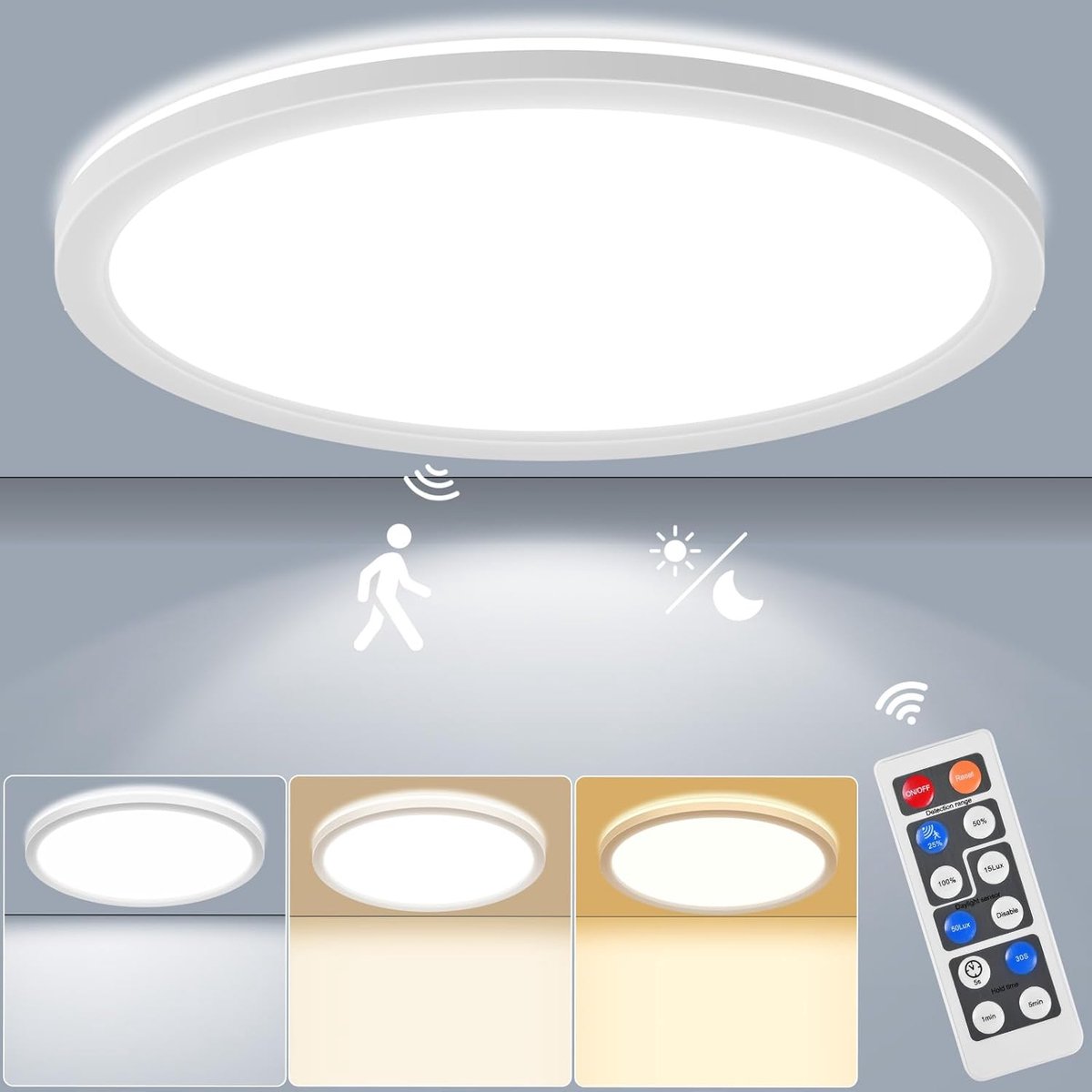 SnelShoppen - LED Plafondlamp met Radar Bewegingssensor, 24W Dimbaar, 2650lm, Met Afstandsbediening, Rond, Ø30x2.5cm, Geschikt voor Badkamer, Hal, Tra