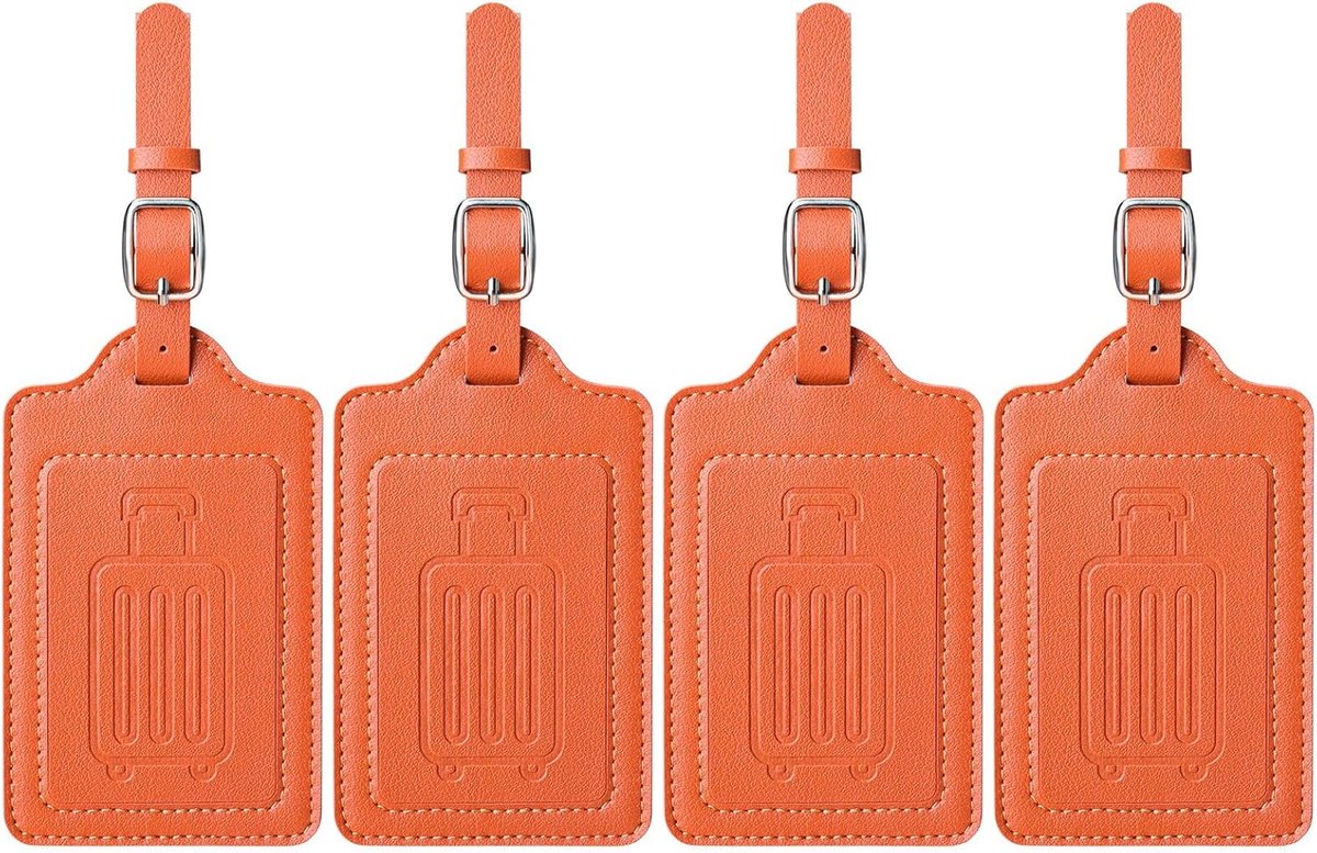SnelShoppen - 4 Pack Kofferlabels, Luggage Tags voor Koffers, Reislabels van Microfiber Leer, Duurzaam en Sterk, Opvallende Oranje Reisaccessoires