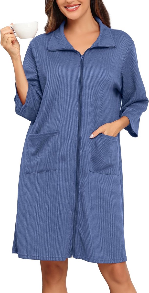 SnelShoppen - Dames Waffle Pique Badjas met Rits 3/4 Mouwen, Lichtgewicht Dressing Gown tot de Knie, Met Praktische Zakjes, Ideaal voor Thuis en Welln