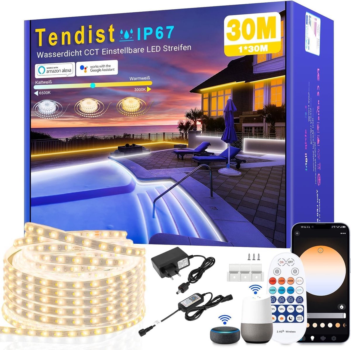 SnelShoppen - 30M Dimbare Outdoor LED Strip Lichten, Warm Witte tot Koel Witte IP67 Waterdichte LED Band, Compatibel met Alexa en App, 24V Zelfklevend