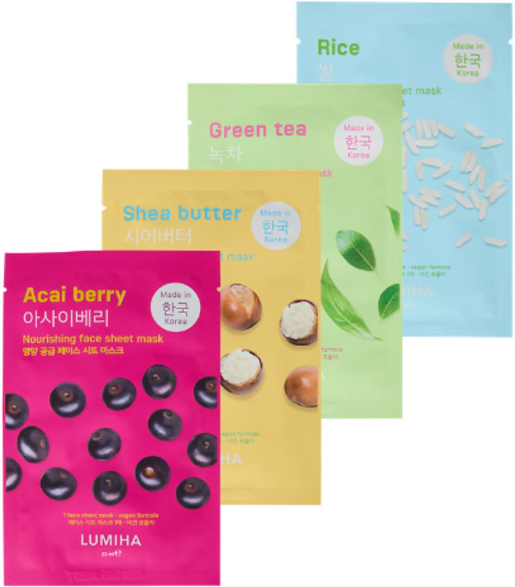 Lumiha Sheet Mask - Gezichtsmasker Set van 4 | 4x 23 ml - Acai Berry - Shea Butter - Green Tea - Rice | Hydraterend - Voedend - Koreaanse Huidverzorging