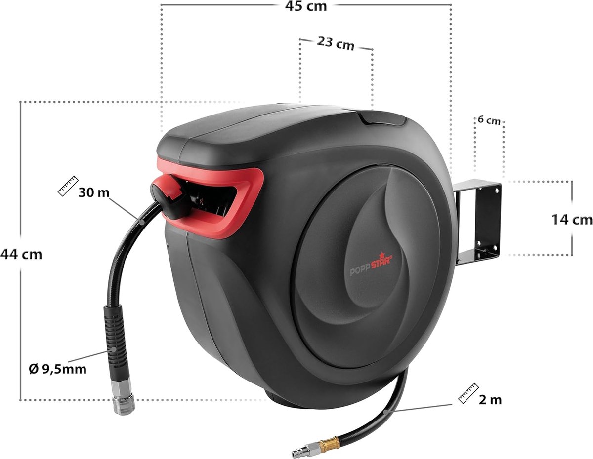 SnelShoppen - Automatische Slanghaspel voor Perslucht - 30m + 2m, Binnen Diameter 3/8" (9.5x15mm), Messing Aansluiting 1/4" BSPT, Duurzaam en Flexibel