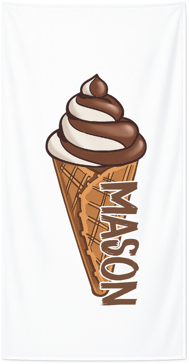 Strandlaken met naam kind 70x140 cm - Badhanddoek badstof - Gepersonaliseerd – IJsje chocolade – Livingstickers - Wit