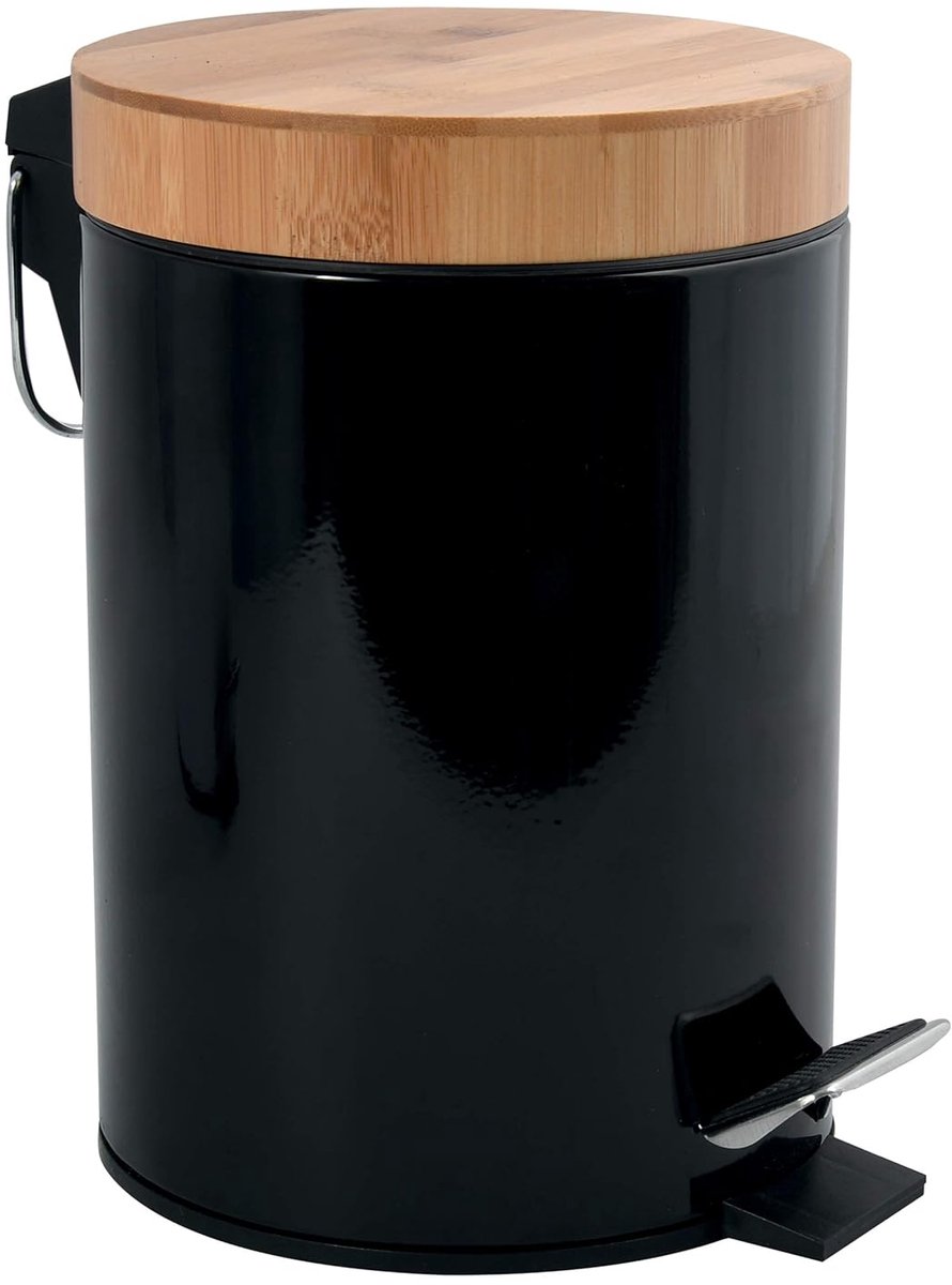 SnelShoppen - Cosmetic Bucket 3 Liter RVS Bamboo met Soft-Close Mechanisme en Binnenemmer Zwarte Afvalbak voor Badkamer