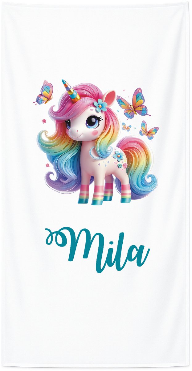 Strandlaken met naam kind 70x140 cm - Badhanddoek badstof - Gepersonaliseerd – Eenhoorn pink – Livingstickers - Wit
