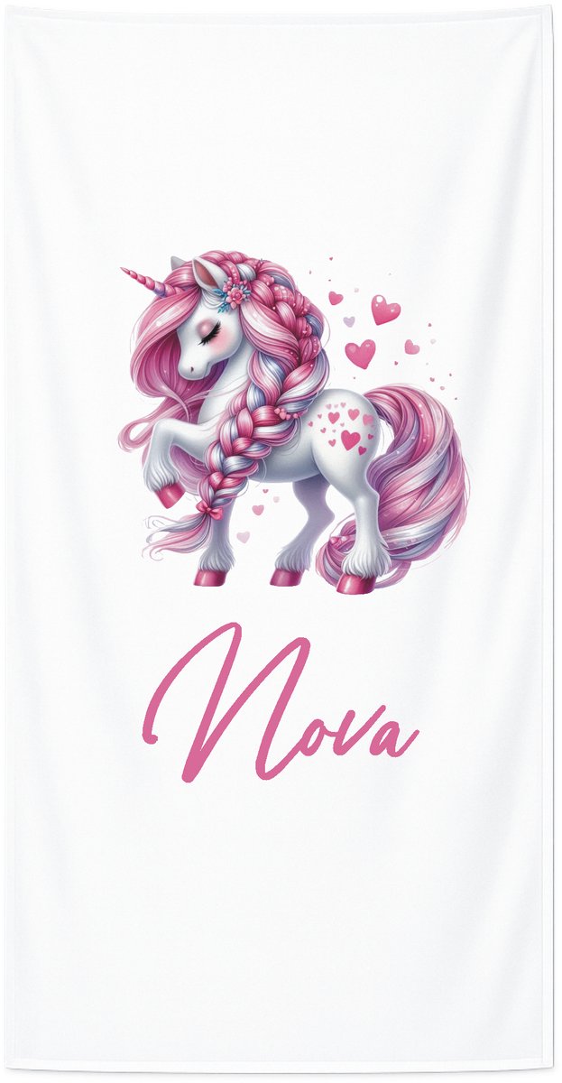 Strandlaken met naam kind 70x140 cm - Badhanddoek badstof - Gepersonaliseerd – Eenhoorn pink – Livingstickers - Wit