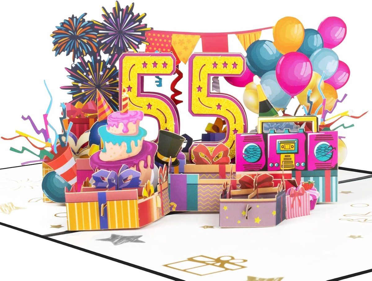 SnelShoppen - Pop Up Verjaardagskaart 55 Jaar, Unieke 3D Kaart met Ballonnen, Taart en Vuurwerk, Perfect Verjaardagscadeau voor Vrouwen en Mannen