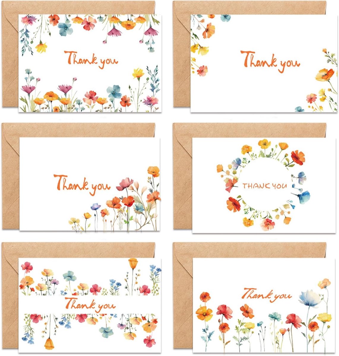SnelShoppen - Thank You Cards Multipack van 12 met Enveloppen, Bedankkaarten Set met 6 Wilde Bloemen Ontwerpen, Lege Wenskaarten voor Leraren, Familie