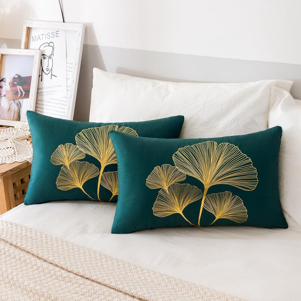 SnelShoppen - Set van 2 Velvet Kussenhoezen 30 x 50 cm Blauw Groen Modern voor Bank Slaapkamer Auto Decoratie Ginkgo Biloba Motief