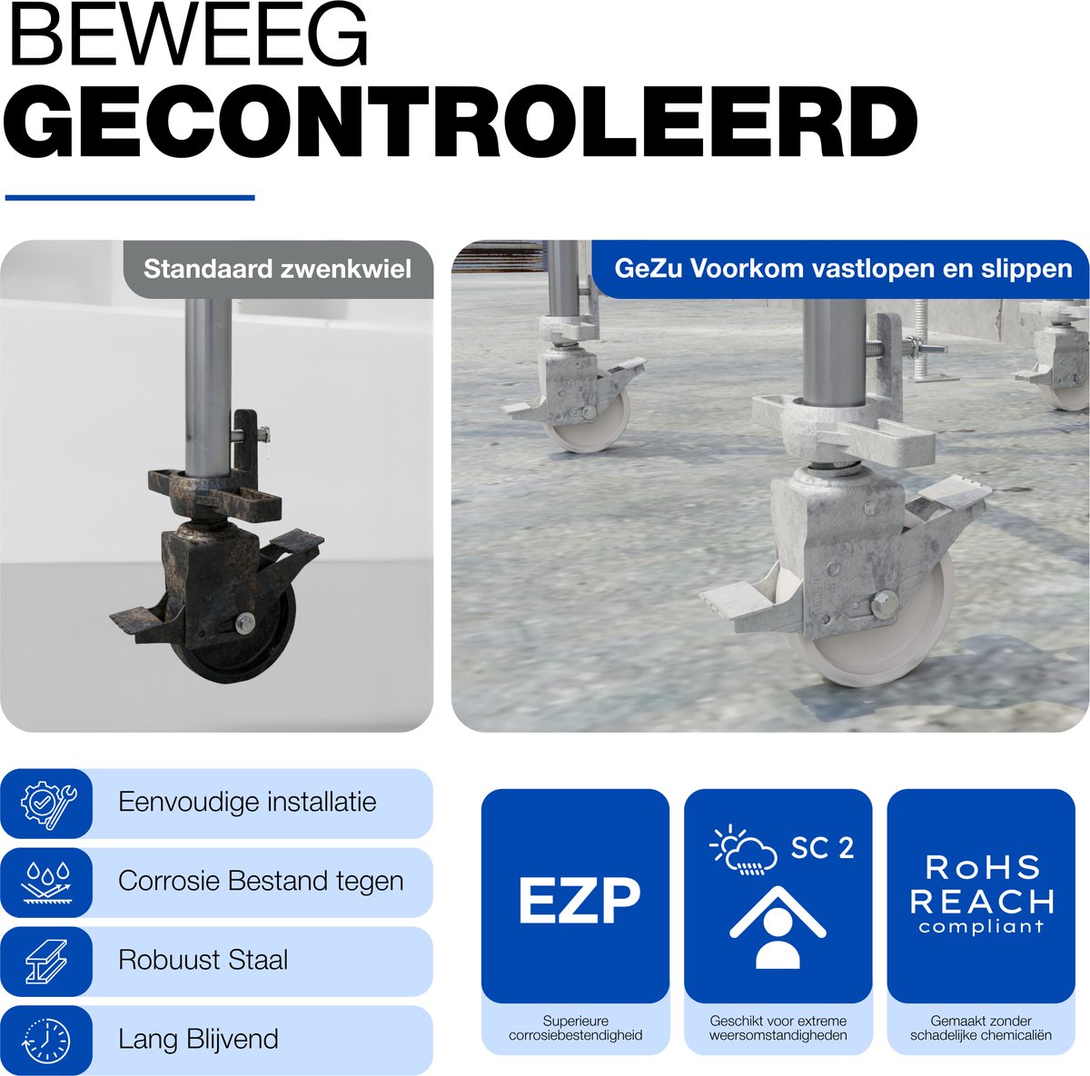 GeZu Impex Steiger Spindel met zwenkwielen rem Gegalvaniseerd Set van 12 1000 kg rolsteiger wielen
