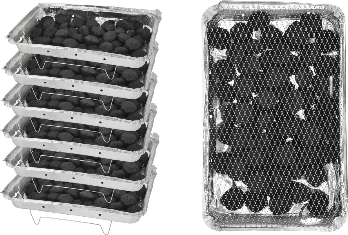 Wegwerp Barbecue met Houtskool – 6 Stuks – Grote Wegwerp BBQ 48 x 30,2 cm – 1,45 kg Houtskool per Stuk – Instant BBQ voor circa 12-15 Personen – Camping en Picknick – Inclusief Rooster en Onderstel