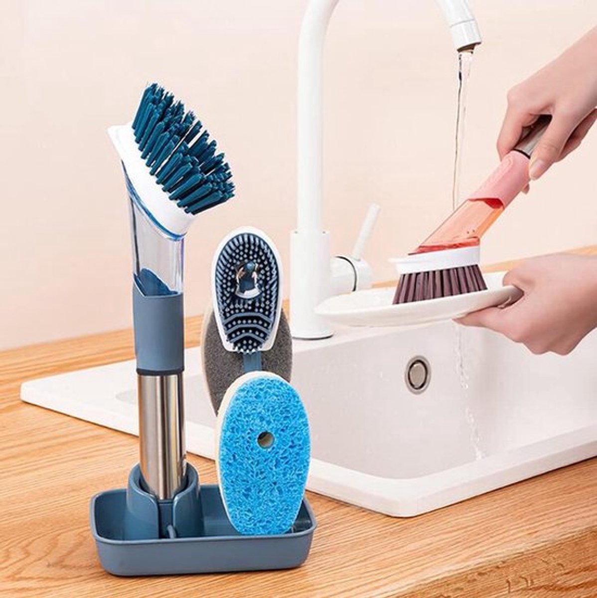 Multifunctionele vaatwasser Borstel Set, vaatwasser Borstel Set Met Houder voor de keuken, Vervangende Opzetborstels, Zeep controle, vaatwasser bar, Herbruikbare vaatwasser borstel, schrobborstel, blauw