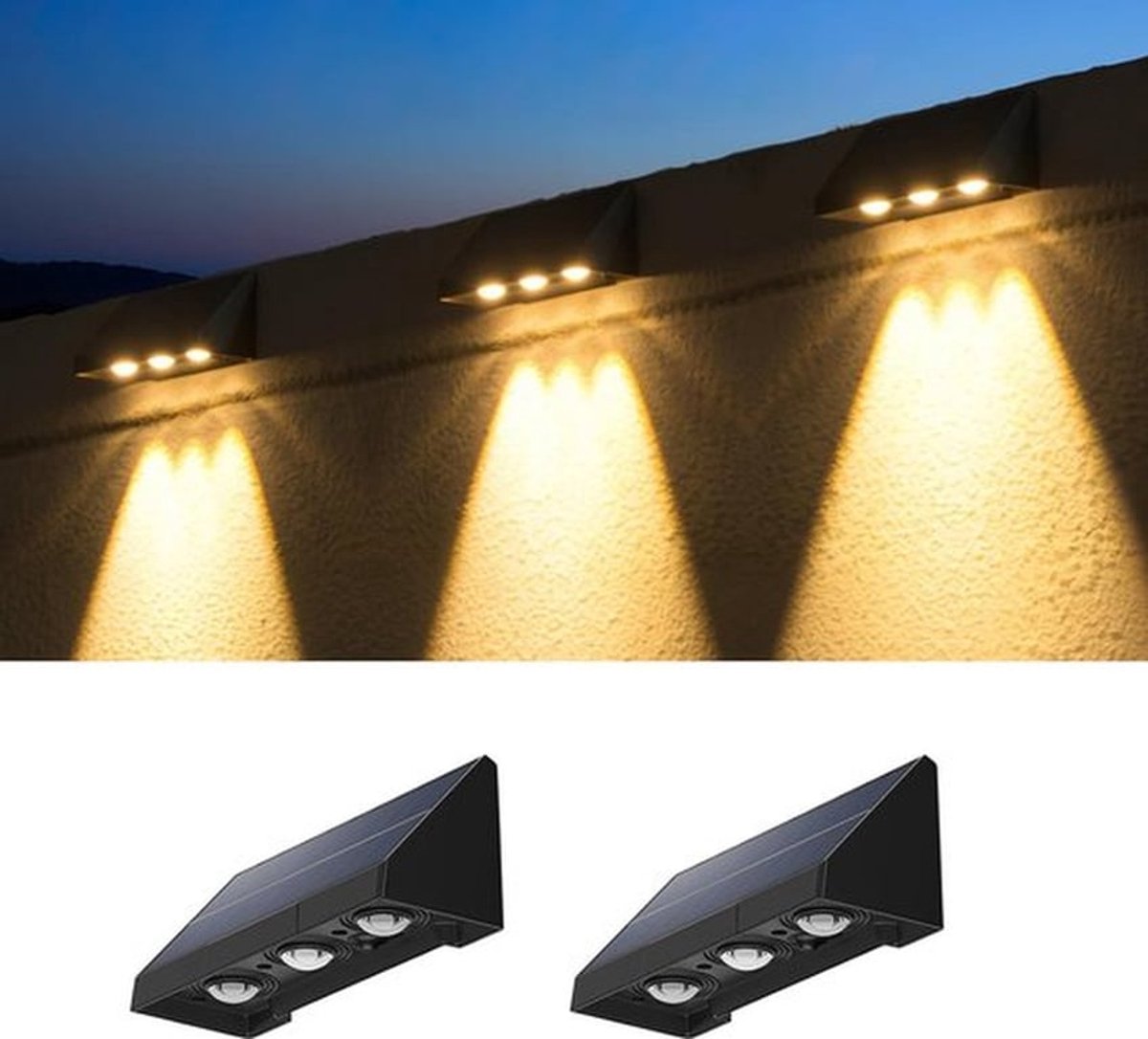 2 Stuks - Zonne-energie Lamp - Waterdichte Buitenmuurlamp - Buiten Zonne Muurlamp - Warm Licht - Zonne-energie Aangedreven - Drie Lampen, IP65 Waterdicht - Geschikt voor Tuin en Achtertuin - 15*7*7cm - Tuinlamp