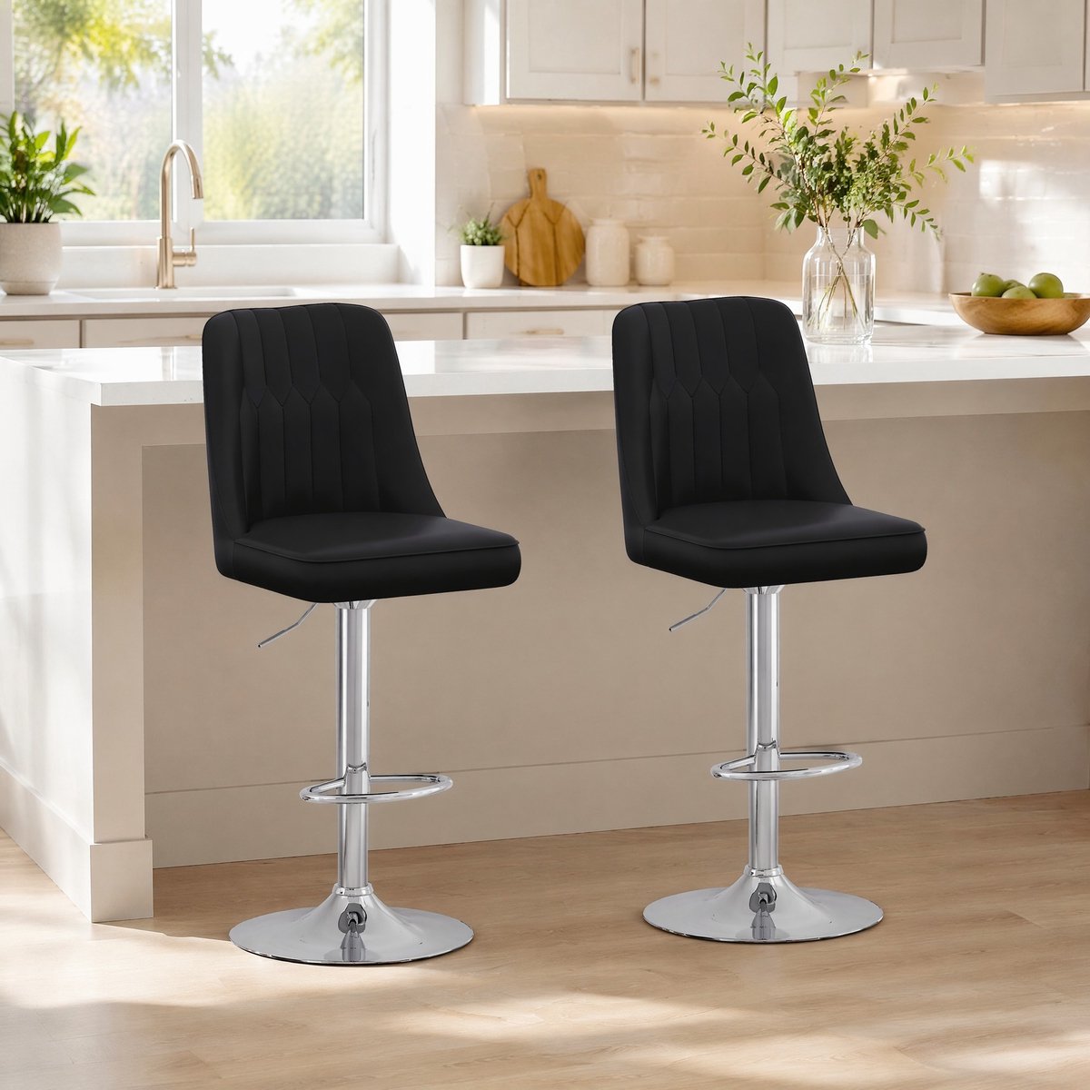 MODENUIT Barkruk 95,5-117,5 cm - 360° Draaibaar - Voor Bar en Keukeneiland - Kunstleer - Zwart/Zilver