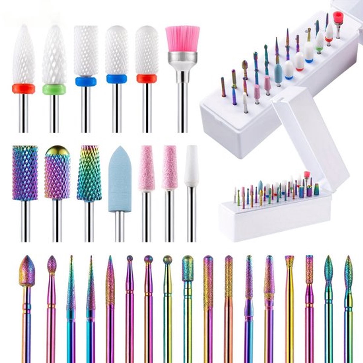 Deze 30-delige nagelfreesset bevat een keramische nagelriemfrees en een frees van wolfraamstaal. Hij is geschikt voor het verwijderen van nagellak en voor acryl- en gelnagels. De set wordt geleverd met een opbergdoos.