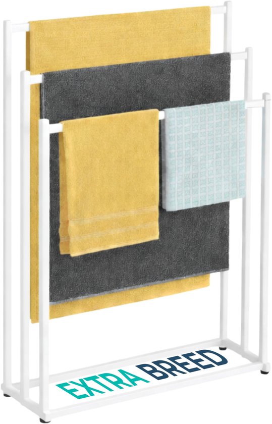 Porte-serviettes blanc, extra large, autoportant avec trois barres, chargé de serviettes jaunes, grises et bleu clair.
