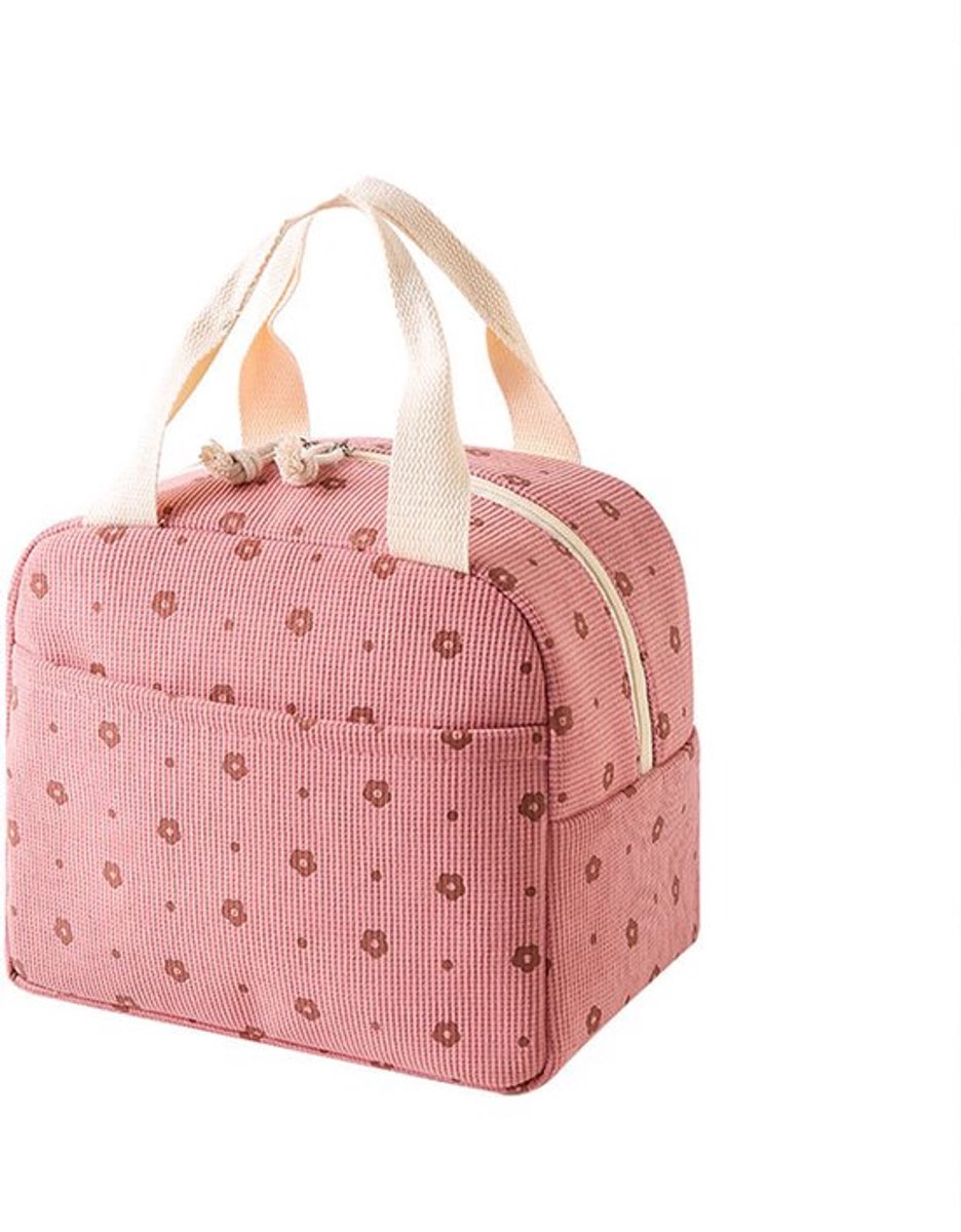 Herbruikbare lunchtas voor dames - Geïsoleerde lunchbox met grote capaciteit - Met vakken - Lichtgewicht handtas - Geschikt voor werk, reizen, strand en dagelijks gebruik - Roze bloemenprint