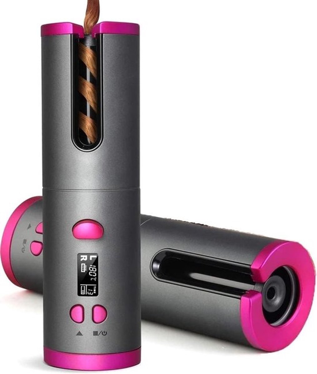 Automatische krultang - draadloos - oplaadbaar - USB - L19cm - krulspelden - anti-brandwonden - met timer - automatische rotatie - draagbaar - 6 temperaturen - lang en kort haar - Roze