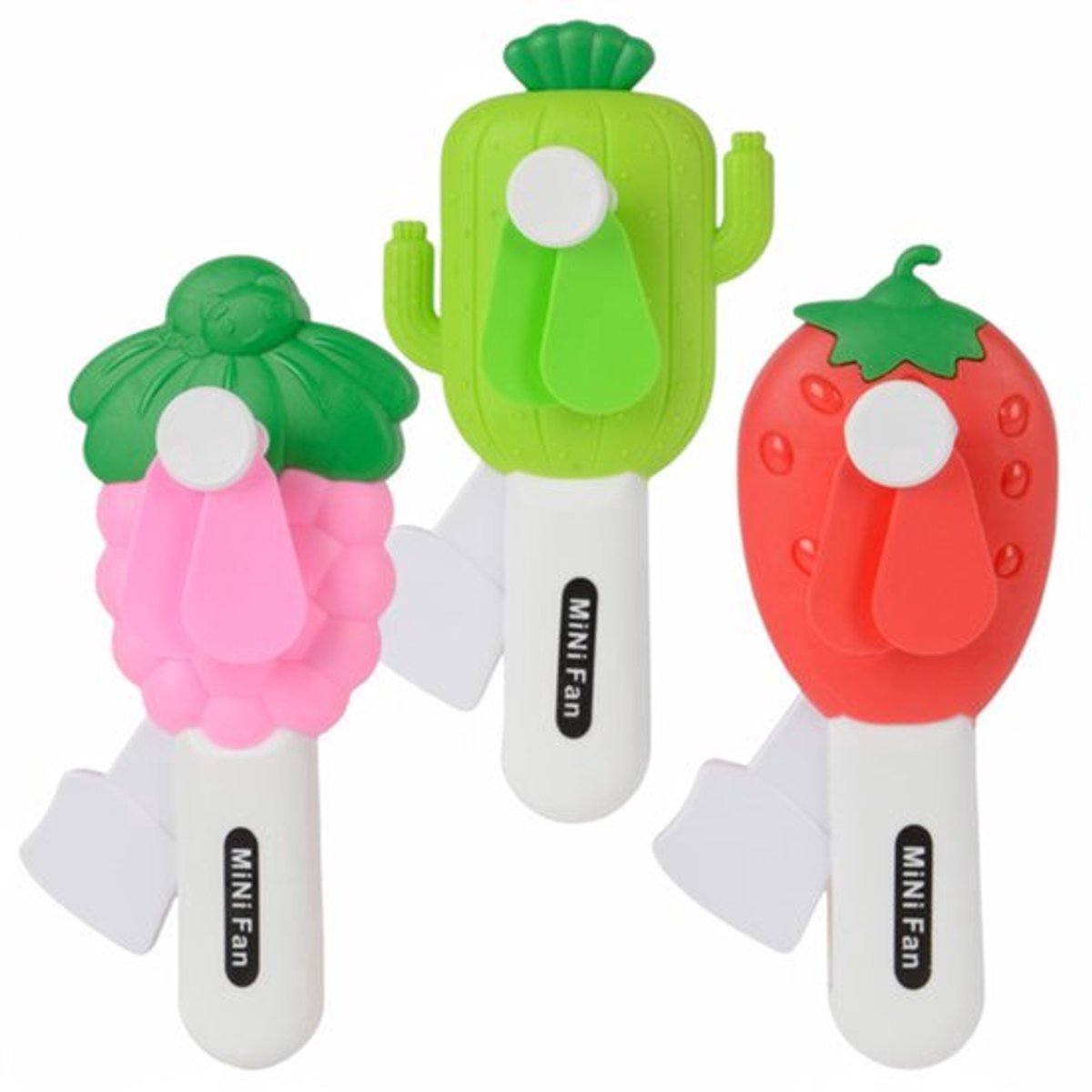 Set van 3 mini-fans - batterijvrij - handbediening - cactussen, aardbeien en frambozen - 15 cm hoog
