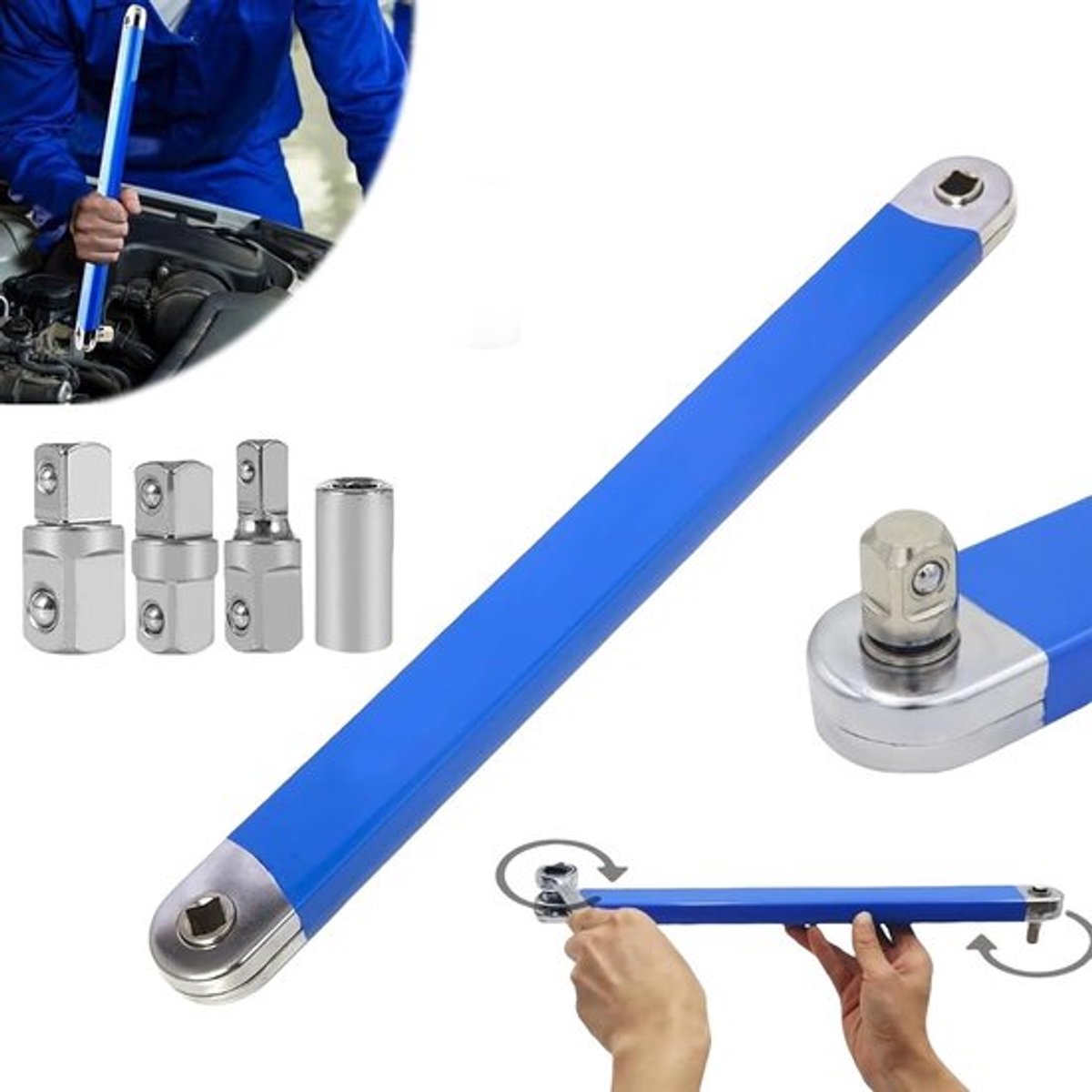 Multifunctionele Zero Offset Steeksleutel met 1/2", 1/4" en 3/8" Aansluitadapters voor Auto- en Huishoudreparaties, Ideaal voor Moeilijk Bereikbare Plaatsen
