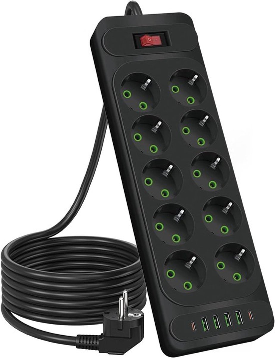 USB-stopcontact met 10 aansluitingen en schakelaar - 4 USB-A en 2 USB-C poorten voor thuis en kantoor
