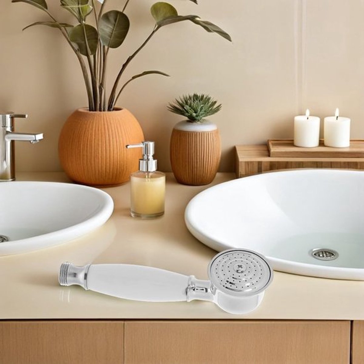 Handdouche - Circa 18 cm lang - G1/2 - Hogedrukdouchekop - Ronde traditionele telefoonstijl - Afneembare vintage douchekop - Geschikt voor badkamers - Wit