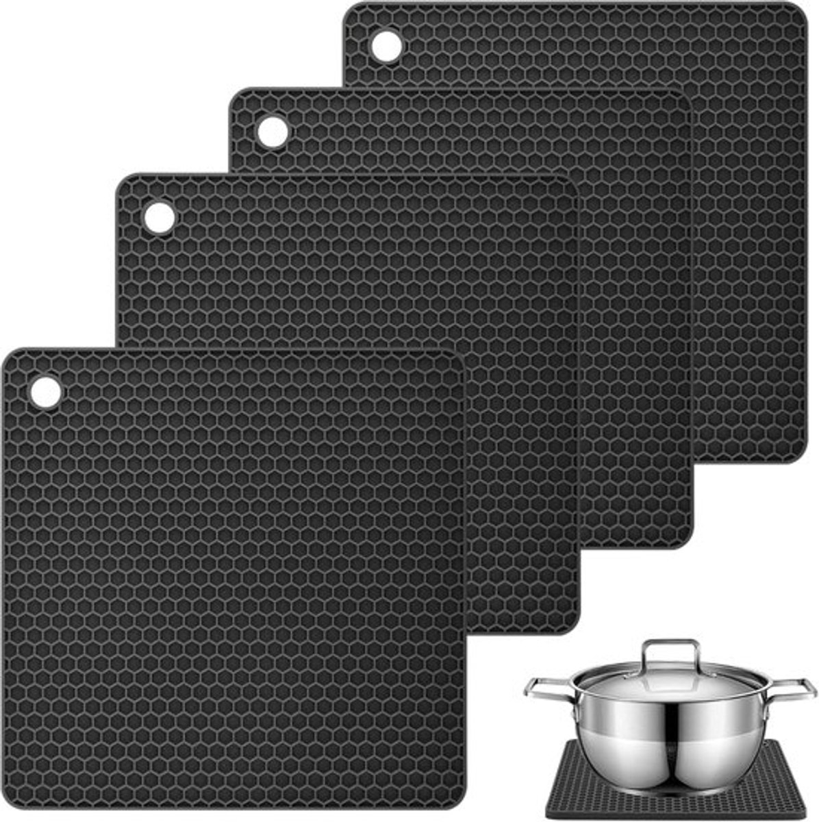 Set van 4 Siliconen Pannenonderzetters - antislip - 4 stuks - zwart - siliconen - 18 x 18 cm