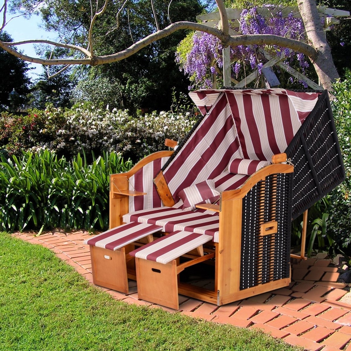 FloraGrace Strandstoel 118 x 79 x 160 cm - 2-Zits Met Verstelbare Rugleuning En Voetensteunen - Voor Balkon Of Tuin - Hout - Rood