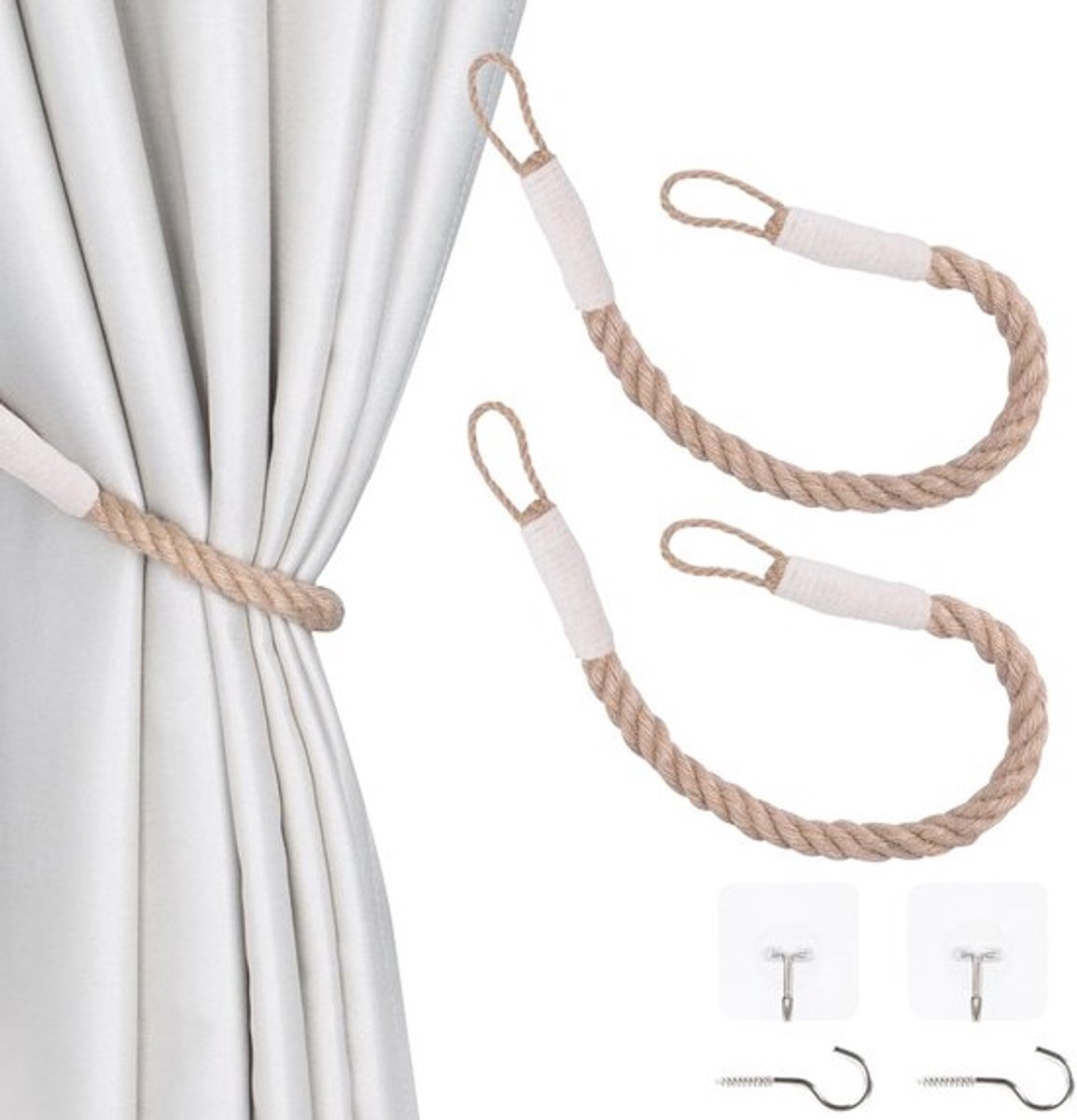 Gordijnbinders met Henneptouw - Decoratieve Gordijnhouders - 2 stuks - Beige