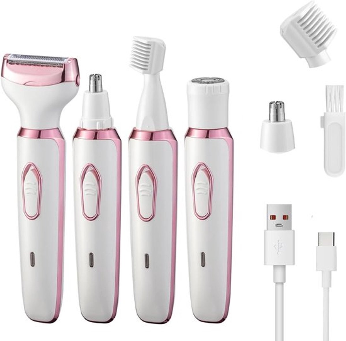 Elektrisch scheerapparaat - 4 in 1 - Vrouwen - Oplaadbaar pijnloos lichaamsscheerapparaat - Gezichtsepilator - Trimmen & Scheren - Voor benen, lichaam, gezicht, oksels - Roze, wit