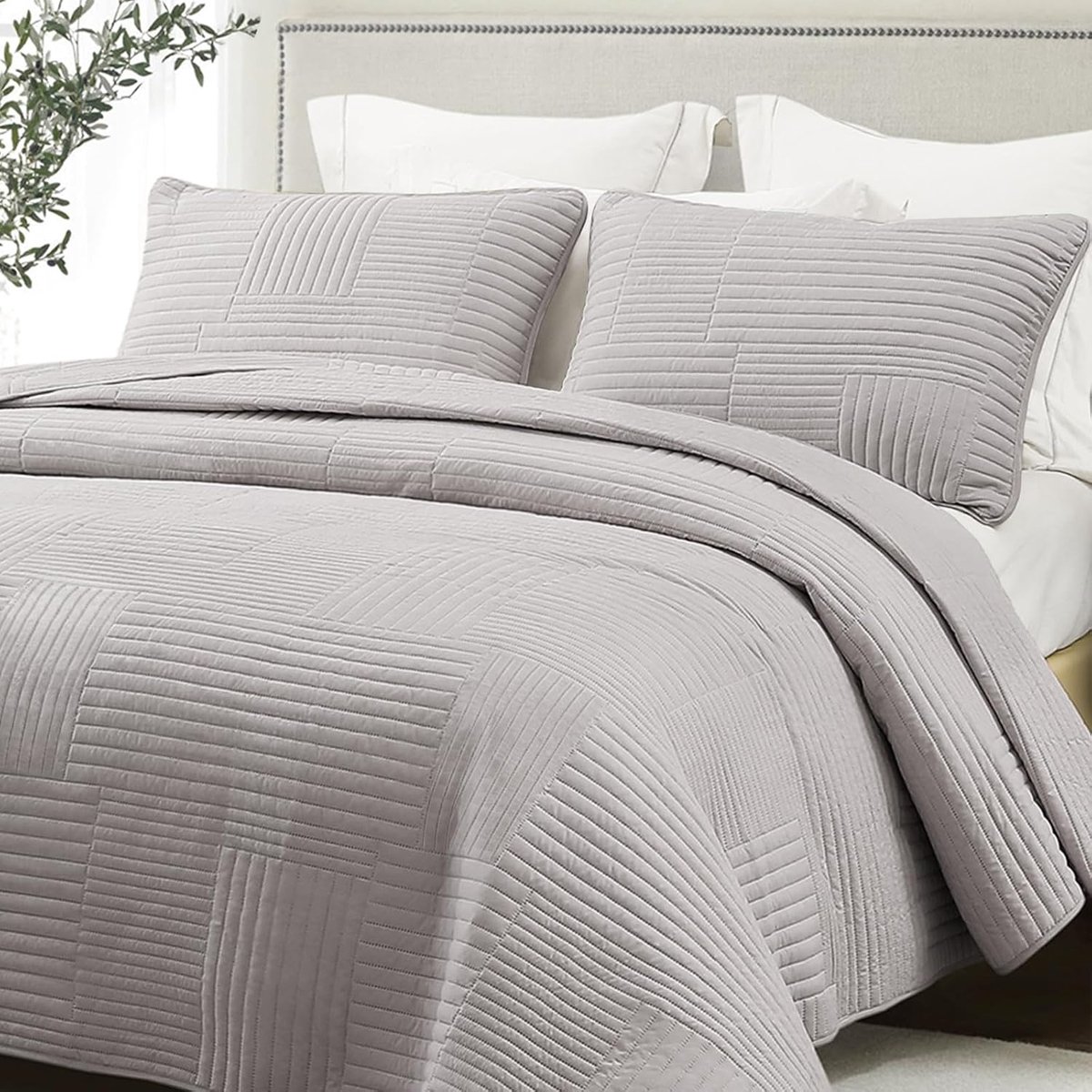 SnelShoppen - Whale Flotilla Bedsprei en 2 Hoofdkussens 260x280 cm, Microfiber Dekbed met Strepenpatroon, Zacht en Licht Grijs voor Alle Seizoenen