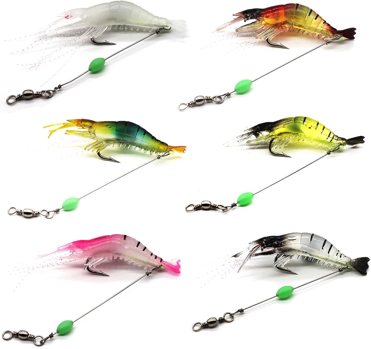SnelShoppen - Fishing Baits Set van 6 Zachte Lures Garnaal Aas met Scherpe Haken - 6-Piece Soft Light Up Vissen Bait voor Zoet en Zout Water