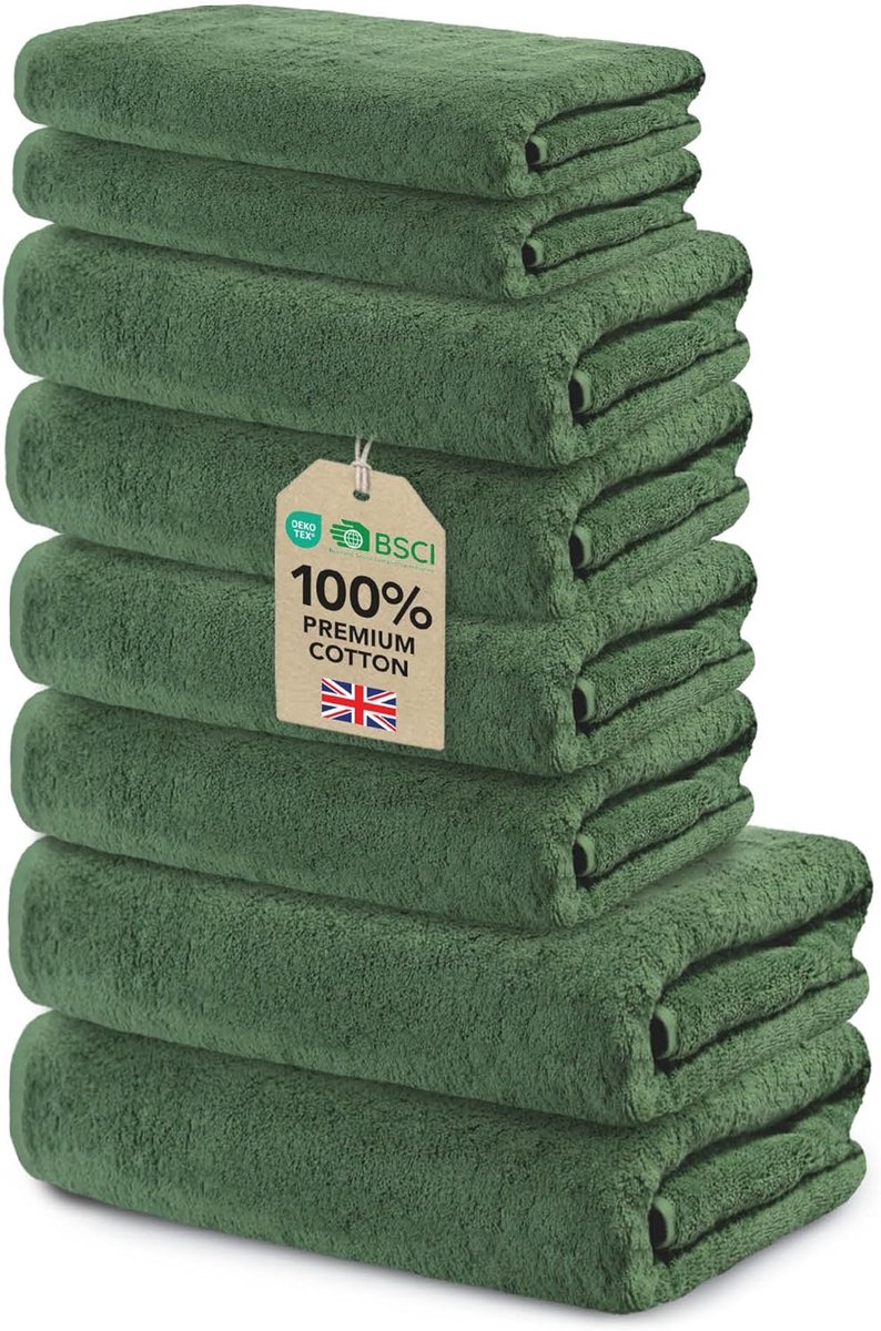 SnelShoppen - Badkamer Set 8 Stuks Dennengroen 100% Katoen 500 g/m² - 2 Badhanddoeken 70x140 cm + 4 Handdoeken 50x100 cm + 2 Handdoeken 30x50 cm - Fam