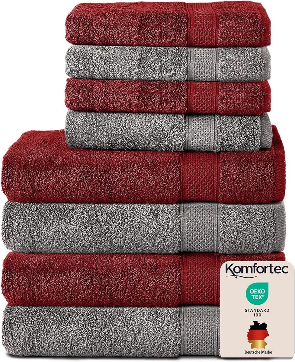 SnelShoppen - Handdoekset 8-delig - 4x Badhanddoek 70x140cm en 4x Handdoek 50x100cm - 100% Katoen - Antraciet Grijs & Rood - Absorberend en Duurzaam