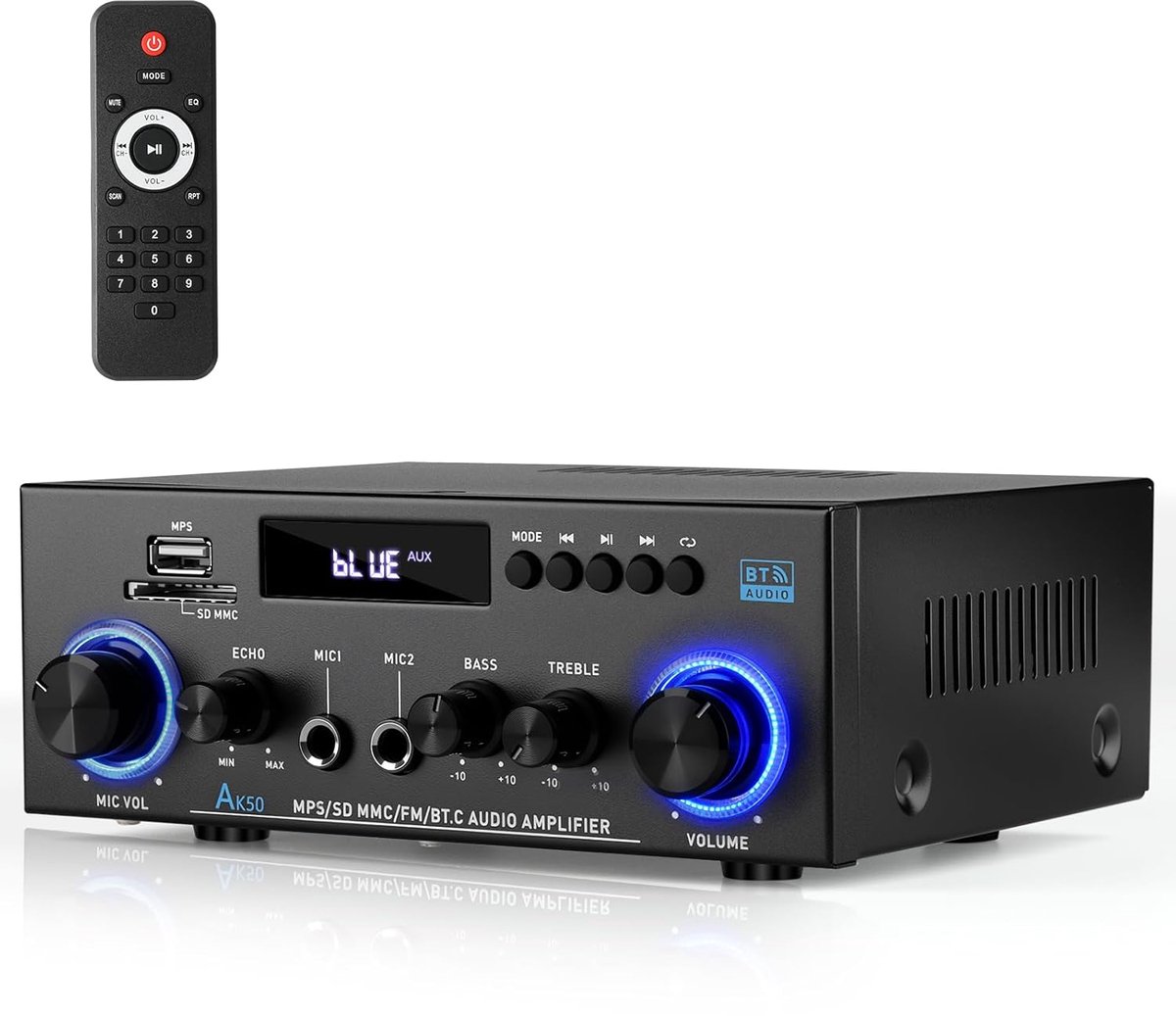 SnelShoppen - 400W Stereo Audio Versterker, 2 Kanaals Draadloze Bluetooth 5.0 Versterker, FM Radio, USB, Microfoon, SD Kaart met Afstandsbediening voo