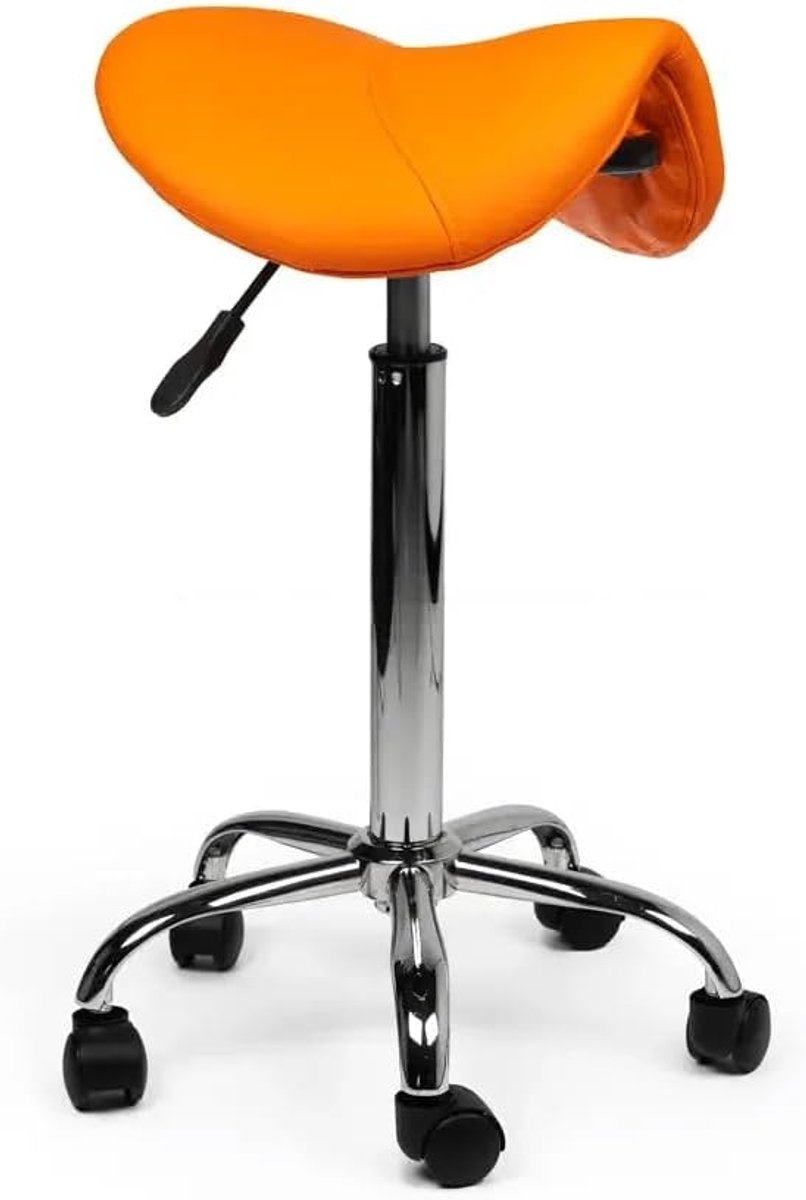 SnelShoppen - Zadelkruk Oranje - Ergonomische Werkkruk met Verstelbare Hoogte - Comfortabele Draaikruk op Wieltjes voor Salon, Kantoor & Thuis (Hoog 7