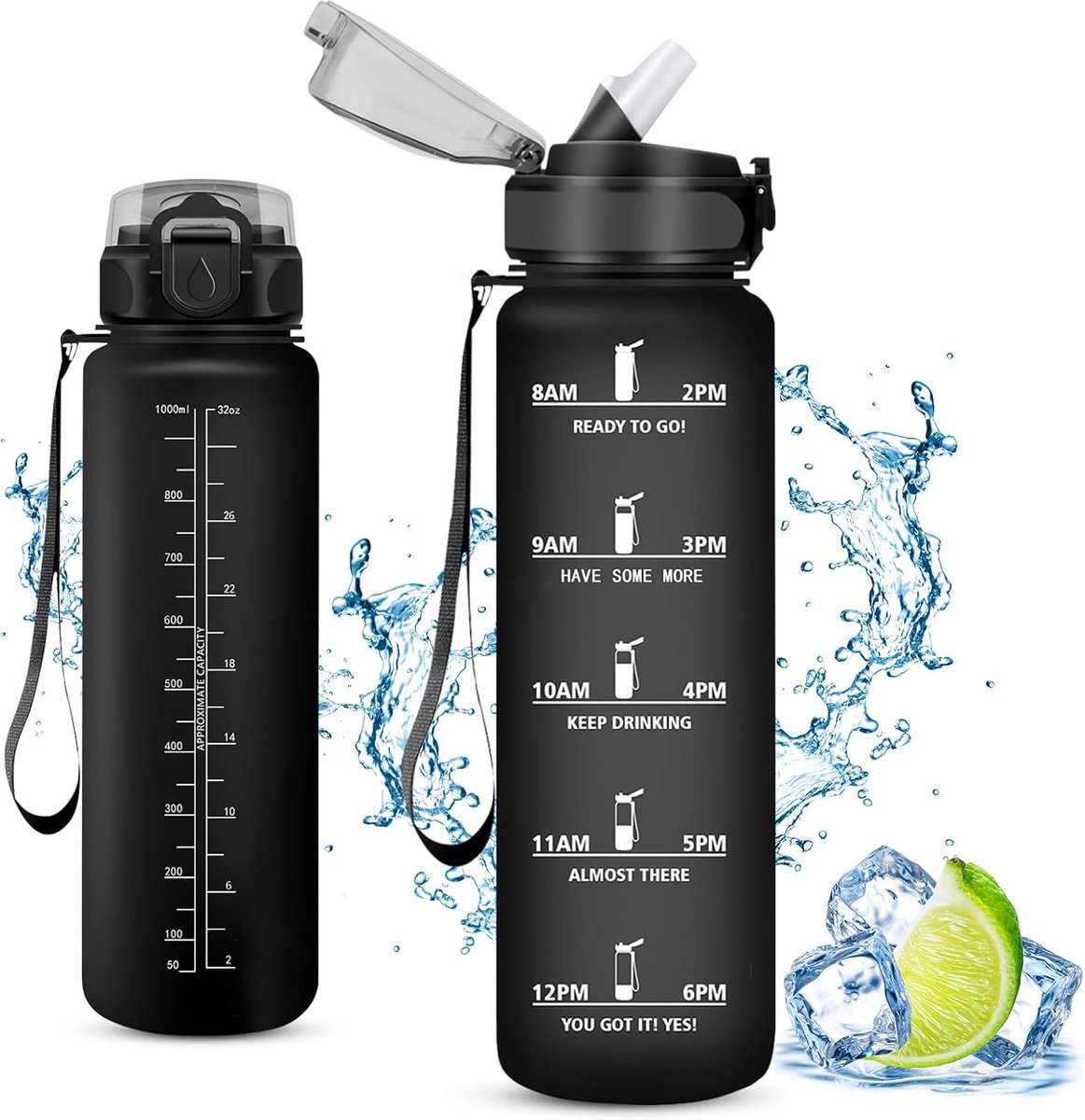 SnelShoppen - Sportdrankfles 1000 ml met Rietje, Lekvrij & BPA-vrij, Ideaal voor Camping, Yoga, Gym, School, Outdoor, Zwart