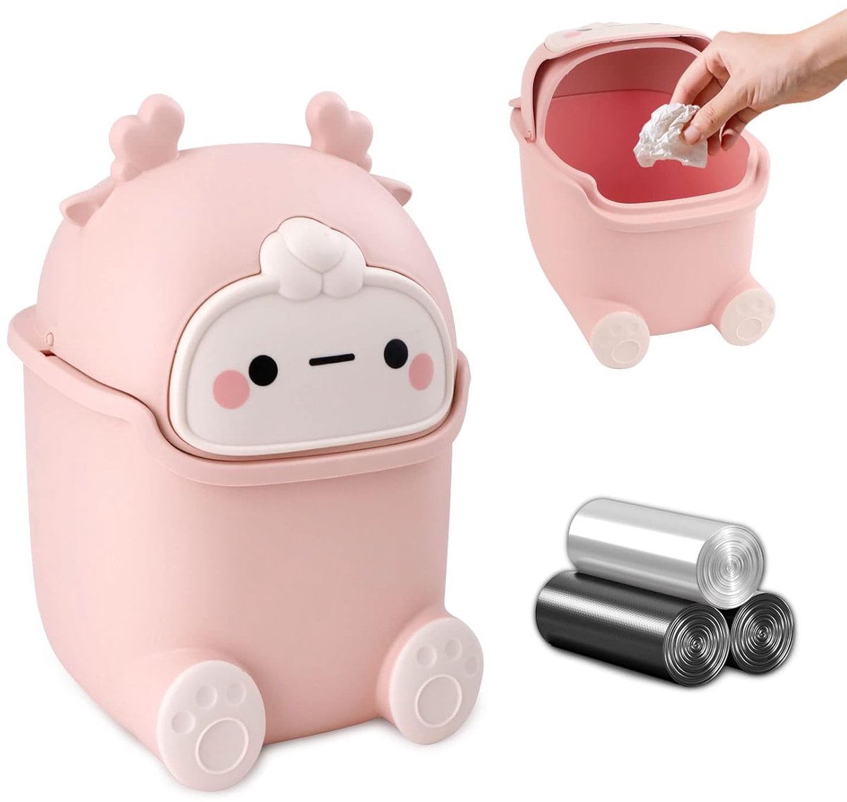 SnelShoppen - Mini Desktop Prullenbak met Cartoon Deksel - Compacte Afvalbak, 15.5x14x23.5 cm, Inclusief 3 Rol Afvalzakken, Schattige Roze Prullenmand