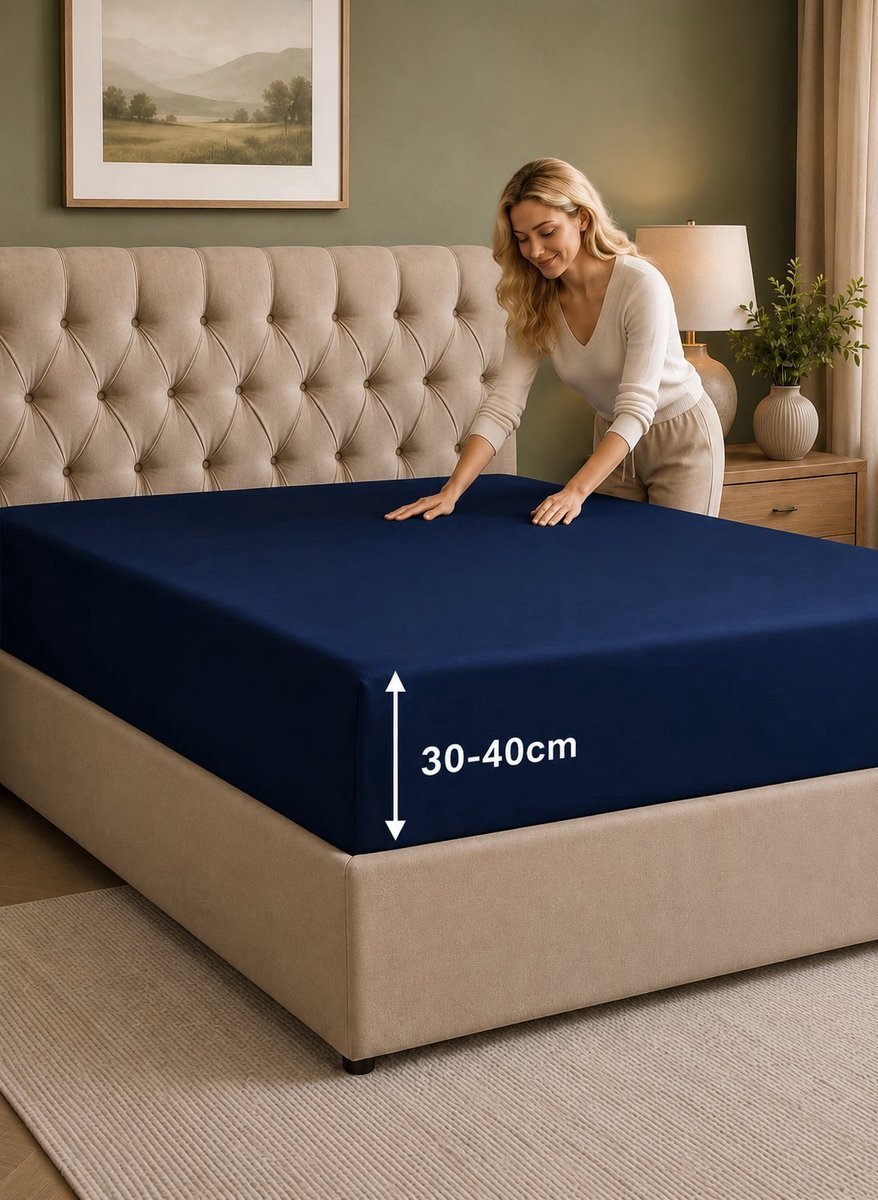 Tbeloo Hoeslaken 200x200 cm – 40 cm diepe hoek – Geborstelde microvezel – Geschikt voor boxspringbedden – Past op matrassen tot 40 cm – Marineblauw