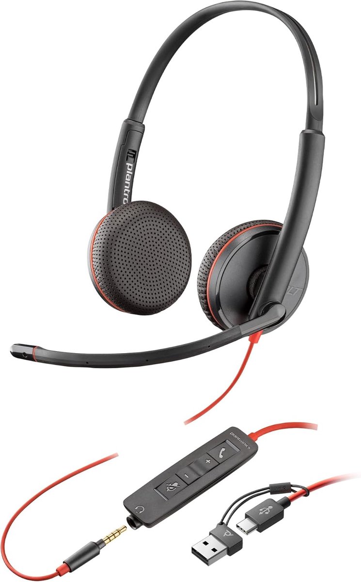 SnelShoppen - Poly Blackwire 3225 Bedrade Headset - Noise Cancelling Microfoon - Stereo Geluid - Verbinding met PC/Mac/Mobiel via USB-C, USB A of 3.5m