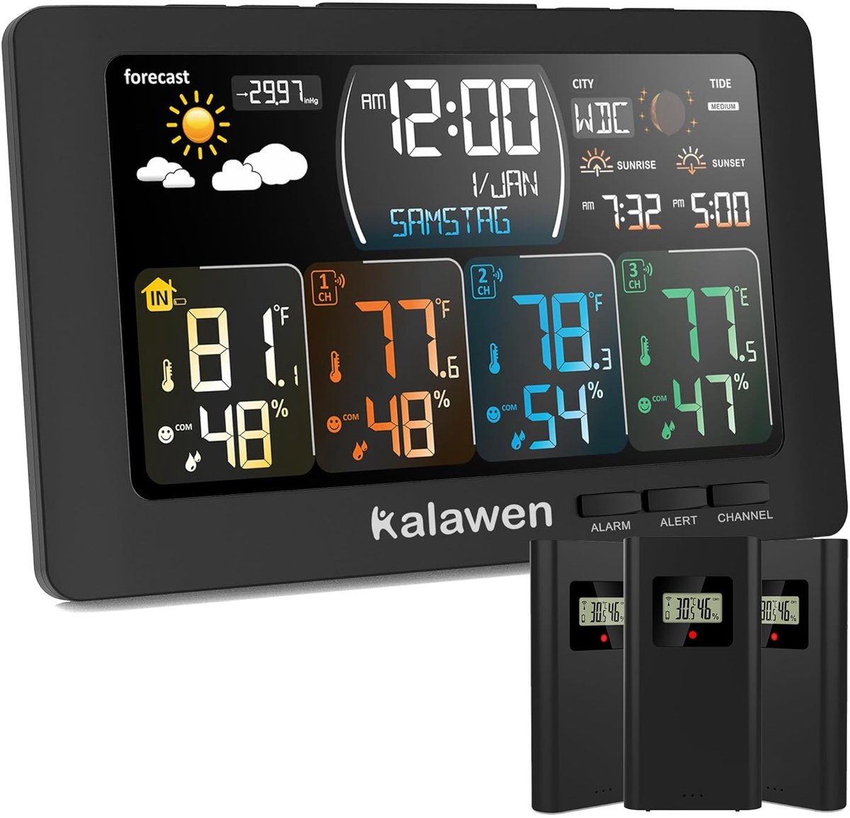 SnelShoppen - Draadloze Weerstation met 3 Buiten Sensors, Binnen Temperatuur, Hygrometer, Radio Alarm Klok, Vochtigheid, DCF, Slimme Licht Sensor