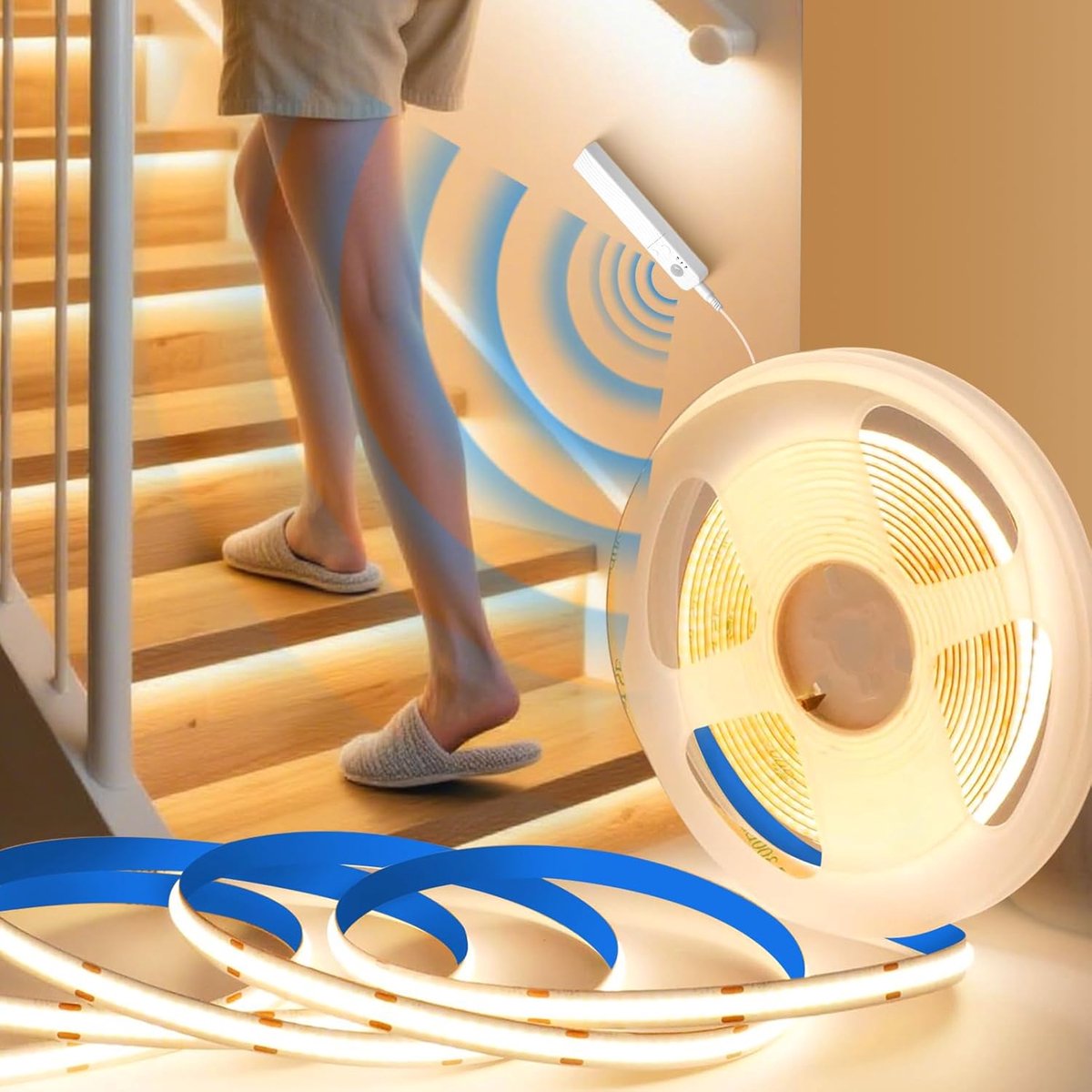 SnelShoppen - COB LED Strip met Bewegingssensor 5M 320LEDs/m Warm Wit 3000K Flexibel Dimbaar Zelfklevend LED Strip voor Keuken, Slaapkamer, Gang, Meub