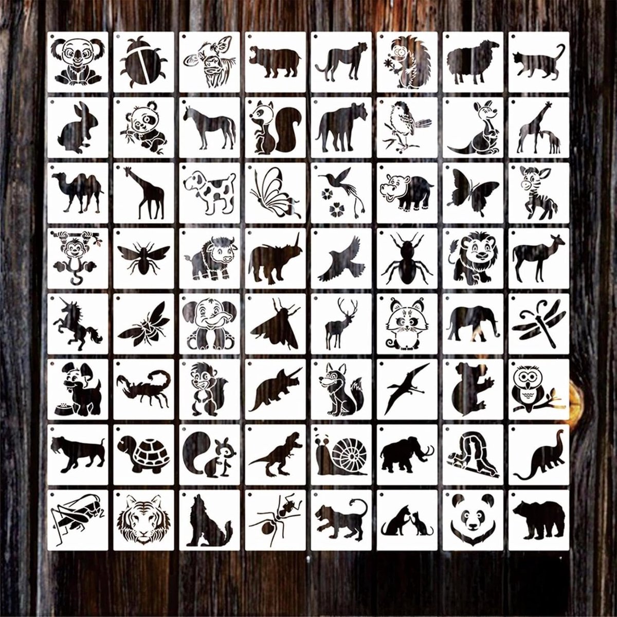 SnelShoppen - 64 Stuks Dieren Sjablonen voor Schilderen, Herbruikbare Sjablonen voor Hout, Muur, Steen Decoratie, Creatieve DIY Knutselprojecten