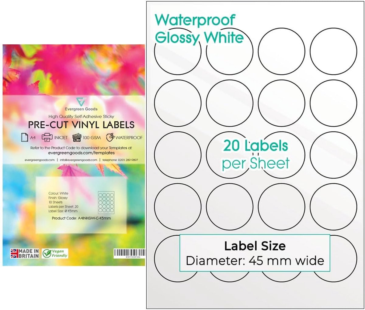 SnelShoppen - A4 Ronde Vooraf Gescneden Sticker Labels - Waterproof Glanzend Wit | 45 mm (20 Labels Per Vel, 200 in Totaal) | Zelfklevend, Inkjet en L