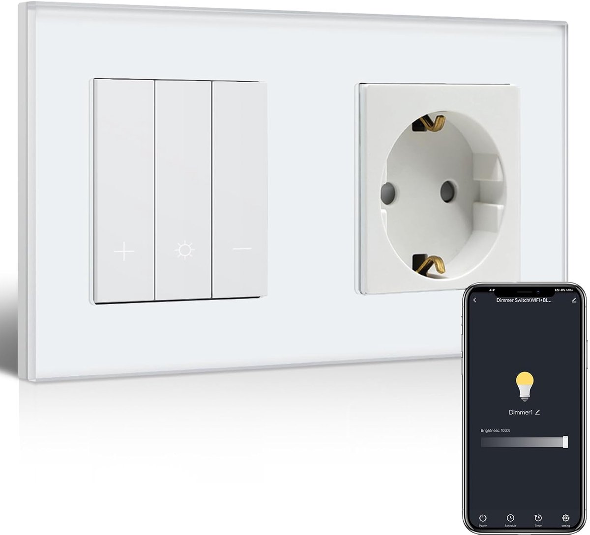 SnelShoppen - Smart WiFi Dimmer Switch met Schuko Stekker, Flush-Mounted Dimmer, Compatibel met Alexa/Google Home, Wit, Voor Slimme Verlichting in Hui