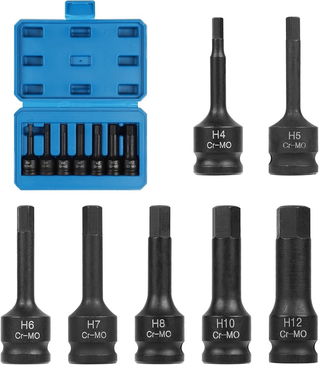 SnelShoppen - 7-delige Hex Socket Steeksleutel Set 3/8 Inch H4 H5 H6 H7 H8 H10 H12 - Chrome-Molybdeen Staal - Inclusief Opbergdoos - Voor Hexagon Bout