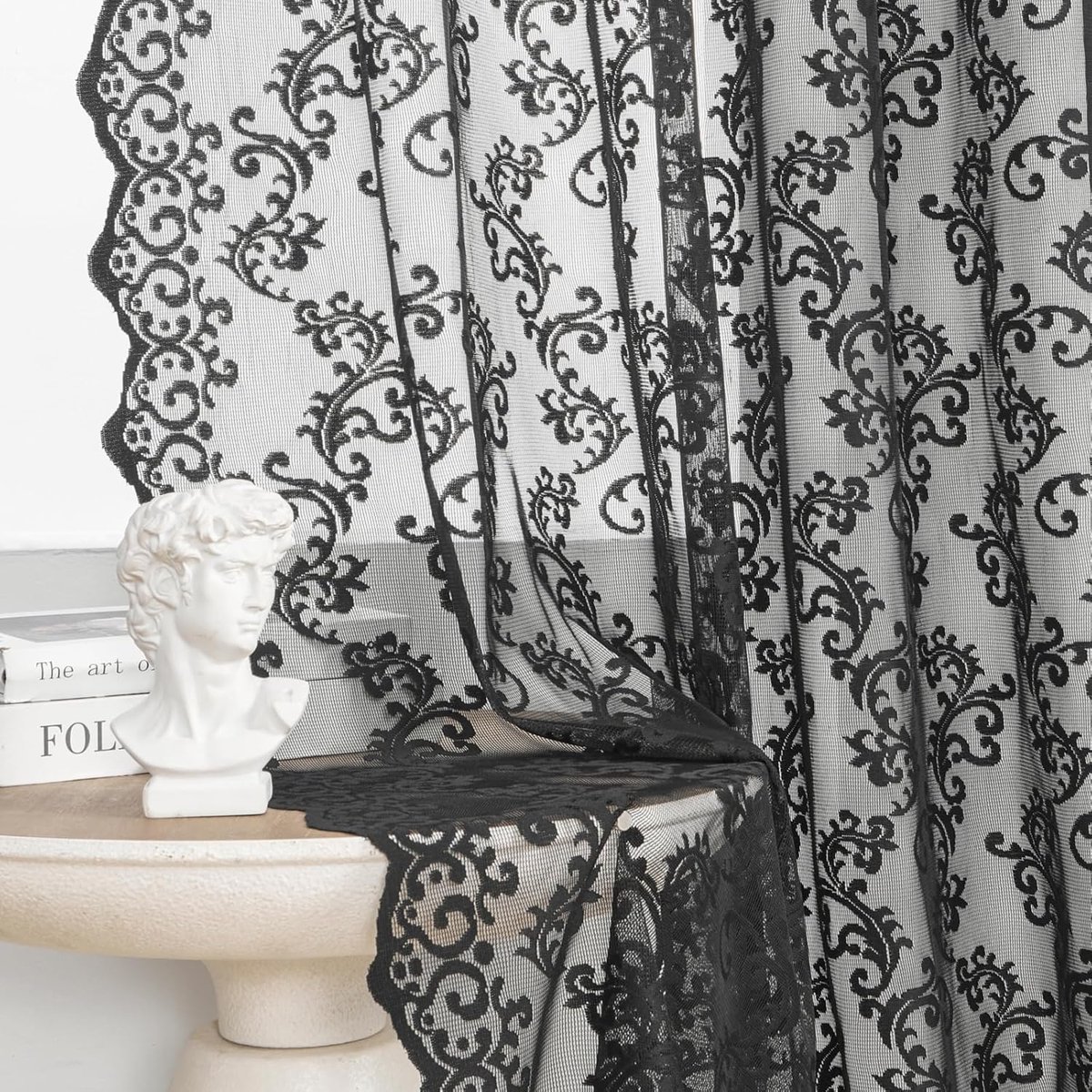 SnelShoppen - Zwarte Kant Gordijnen 2 Panelen Vintage Paisley Bloemen Transparante Gordijnen voor Woonkamer Slaapkamer Unieke Gotische Decoratie, 52x8