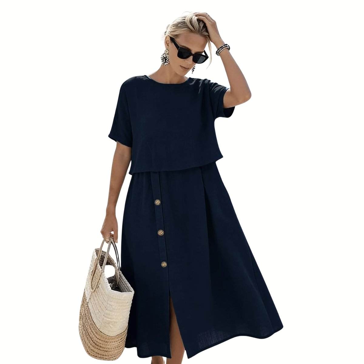 Currero Linnen Jurk Dames Blouse Zomer Shirt Jurkjes Voor Dames Ibiza Jurken Marineblauwe Kleur
